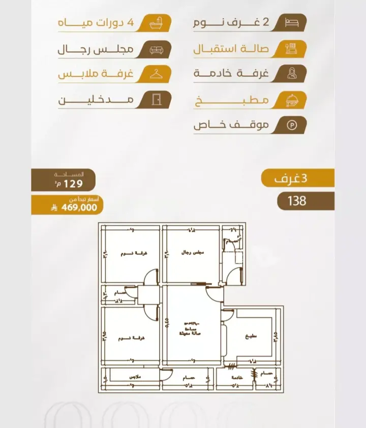 شقة 3 غرف في الورود، جدة 2