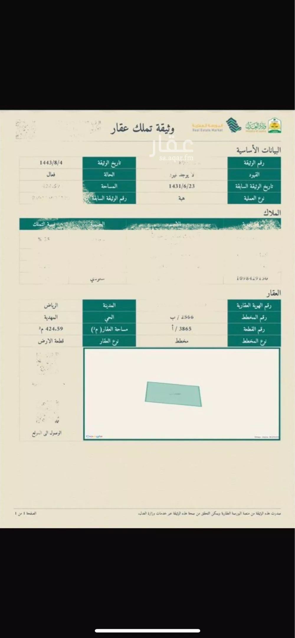 424 sqm land in Al Mahdiyyah 2