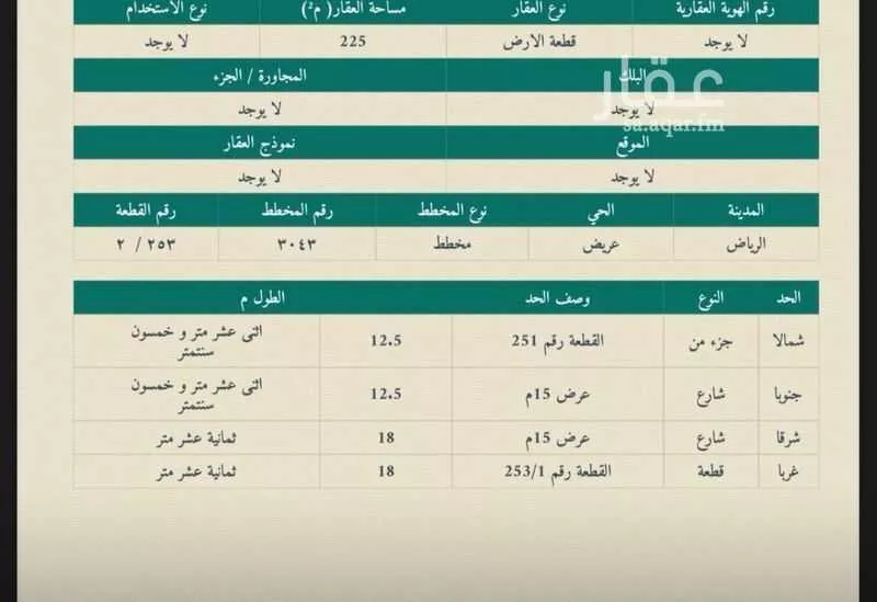 أرض 225 م² في عريض 3